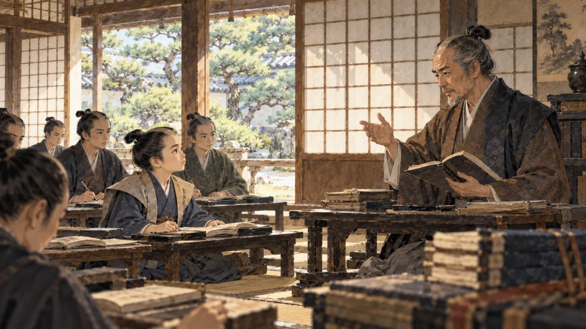 私塾・見山楼で若者たちに講義する儒学者・安積艮斎のイラスト