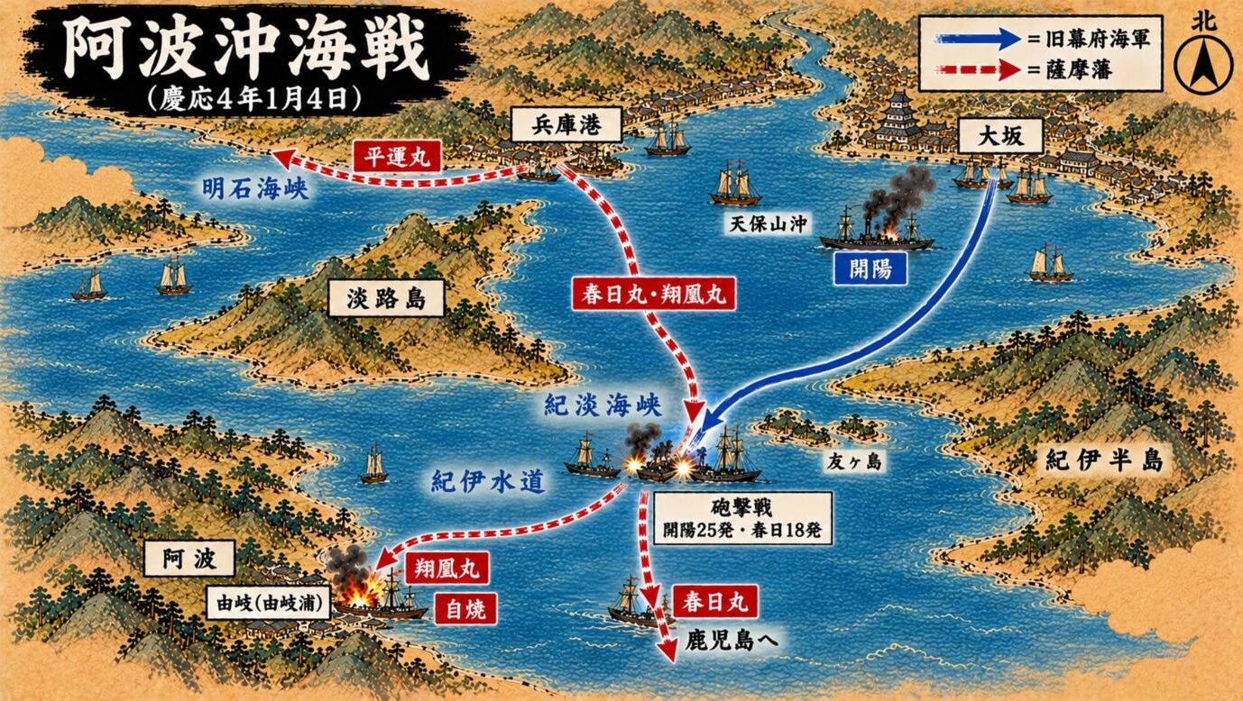阿波沖海戦の海図。兵庫港から明石海峡へ逃げる平運丸、紀淡海峡を抜ける春日丸と翔凰丸、大坂湾から追う開陽、紀伊水道での砲撃戦、由岐で自焼した翔凰丸