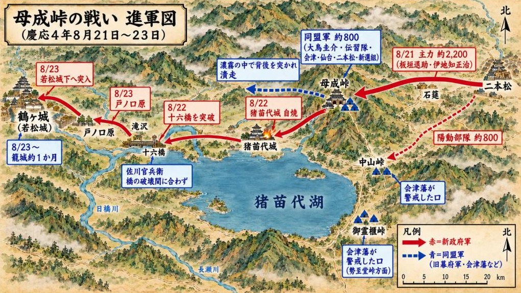 母成峠の戦い 進軍図(慶応4年8月21日〜23日)。二本松を出た新政府軍は母成峠を破り、猪苗代・十六橋・戸ノ口原を越えて若松城下へ攻め込んだ