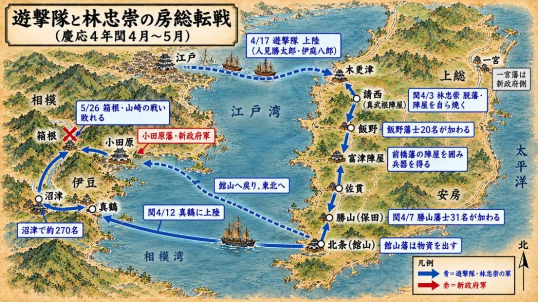 遊撃隊と林忠崇の房総転戦の図(慶応4年閏4月〜5月)。請西を出て富津・飯野・勝山・館山と内房を南下し、真鶴へ渡って箱根で戦った