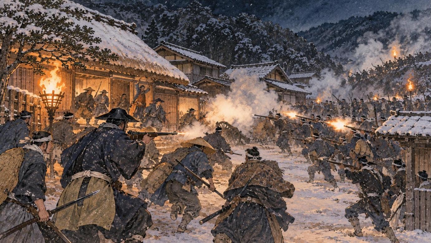 1月6日の夜、絵堂の宿場に泊まる藩政府軍を襲う諸隊（イラスト）