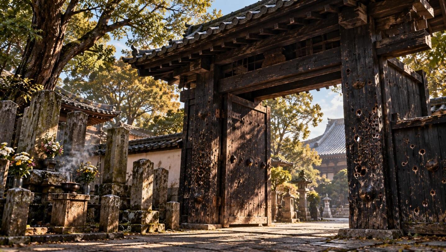 南千住の円通寺に移された寛永寺の黒門。柱や扉に弾痕が残る(イラスト)
