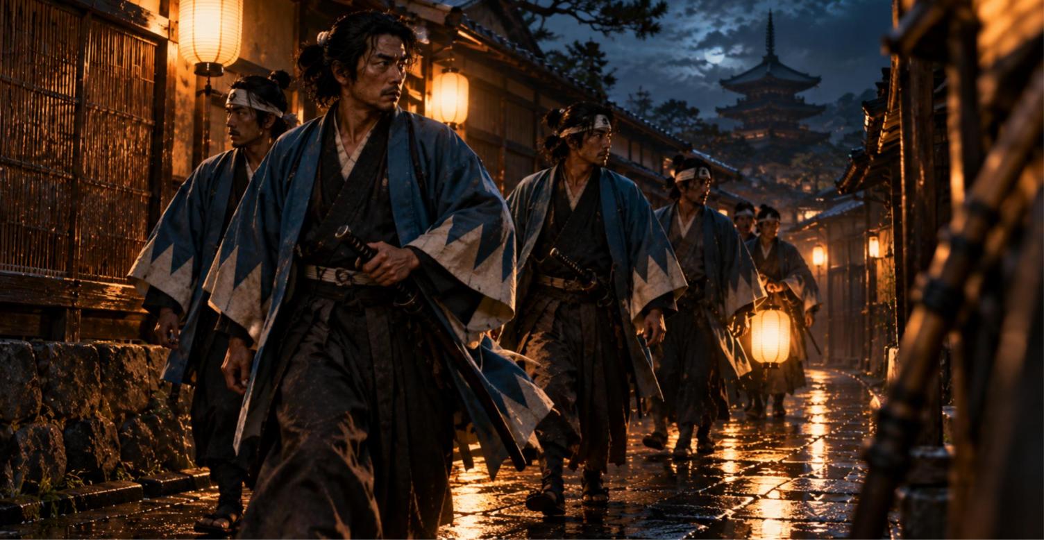 提灯の明かりの中、夜の京都の路地を進む新選組の隊士たち(イラスト)