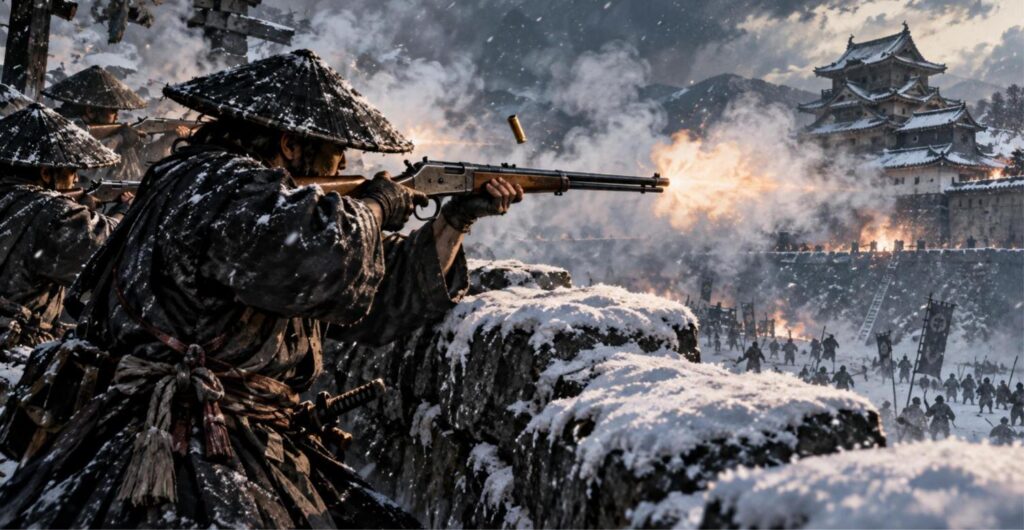 雪の城の石垣で連発銃を構える幕末の兵士のイラスト