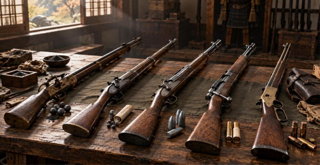 火縄銃から連発銃まで年代順に並べた銃の静物画イラスト