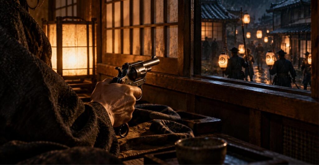 夜の旅籠で回転式拳銃を握る手と、外に並ぶ捕り方の提灯のイラスト