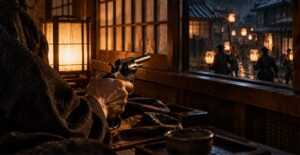 夜の旅籠で回転式拳銃を握る手と、外に並ぶ捕り方の提灯のイラスト