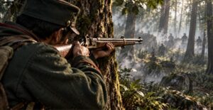 森の中で短いライフル銃を木に添えて狙う猟兵のイラスト
