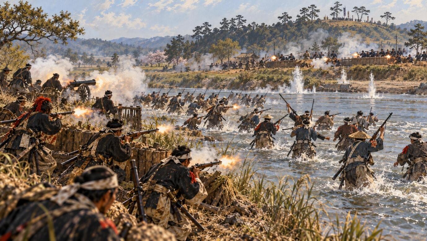 養老川を渡って攻める新政府軍と、対岸で撃ち返す徳川義軍（イラスト）