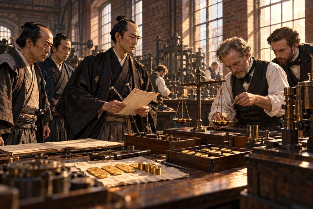 1860年、フィラデルフィアの造幣局で小判と金貨の分析を見守る遣米使節の小栗忠順（イメージイラスト）