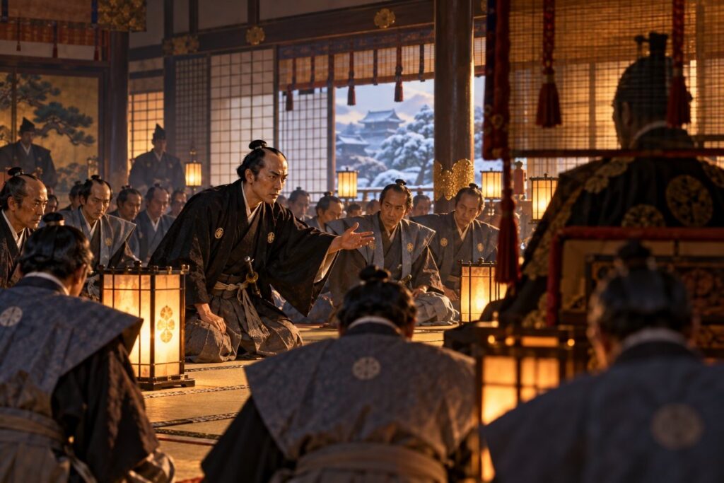 鳥羽・伏見の敗報が届いた江戸城の大広間で徹底抗戦を説く小栗忠順（イメージイラスト）