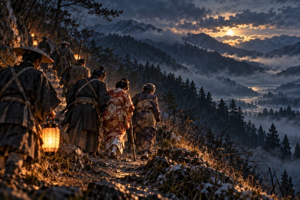 権田村から会津へ、夜明け前の山道を越える小栗忠順の妻と母（イメージイラスト）