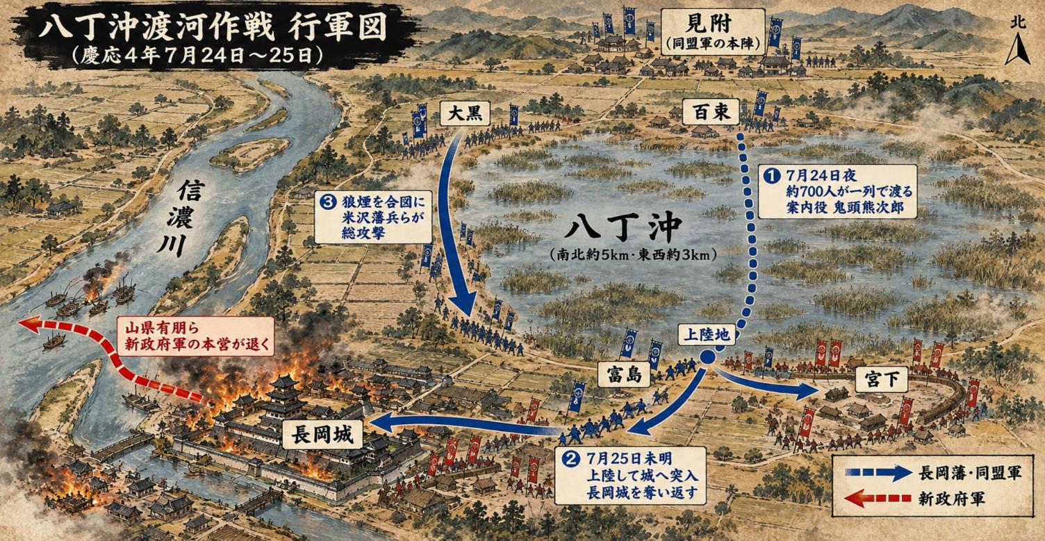 八丁沖渡河作戦の行軍図