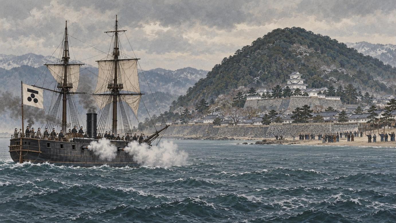 萩の沖から萩城に向けて空砲を撃つ長州藩の軍艦（イラスト）