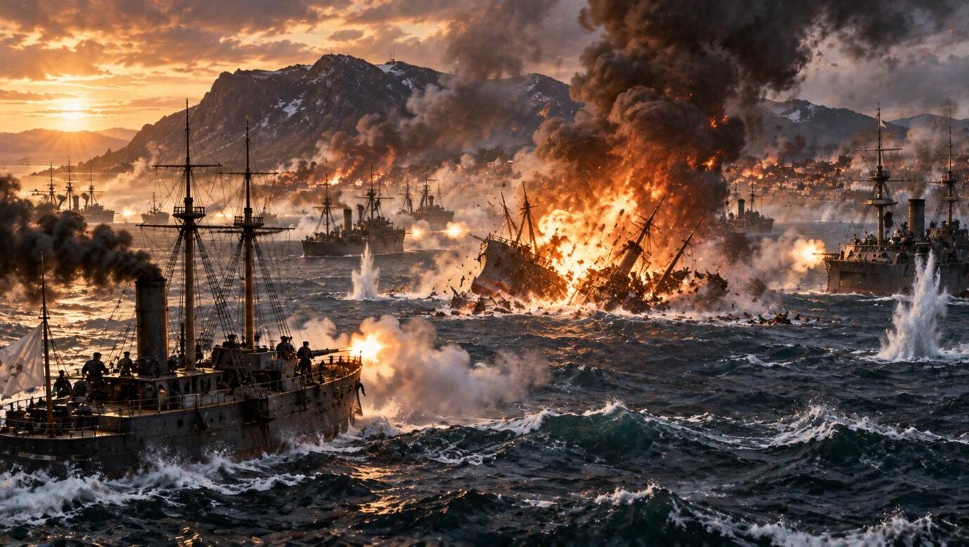 箱館湾で砲撃を受けた軍艦が大爆発を起こす海戦の場面(イラスト)