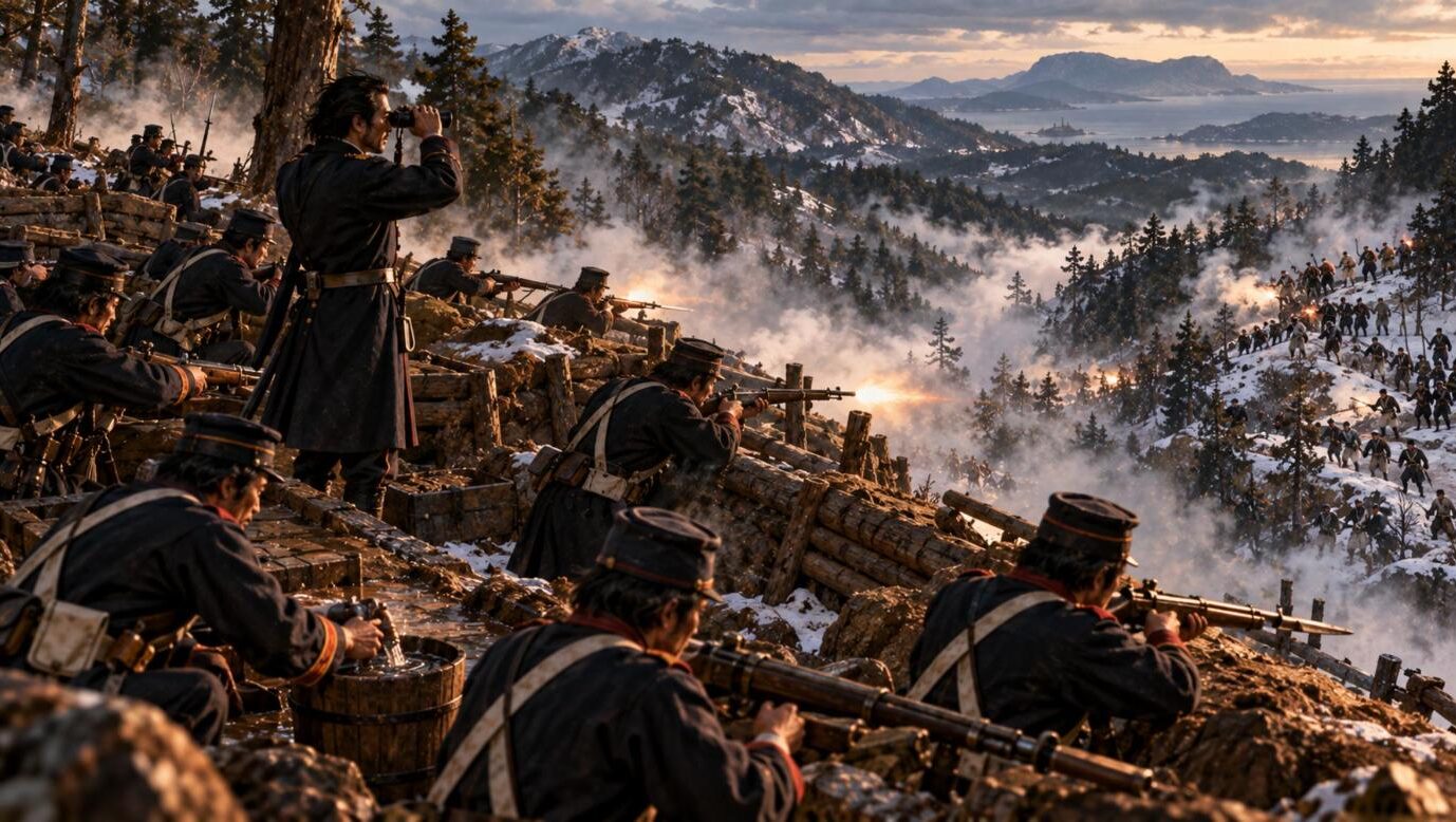 雪の残る山中の胸壁から銃を撃ち続ける旧幕府軍と、双眼鏡で谷を見る指揮官(イラスト)