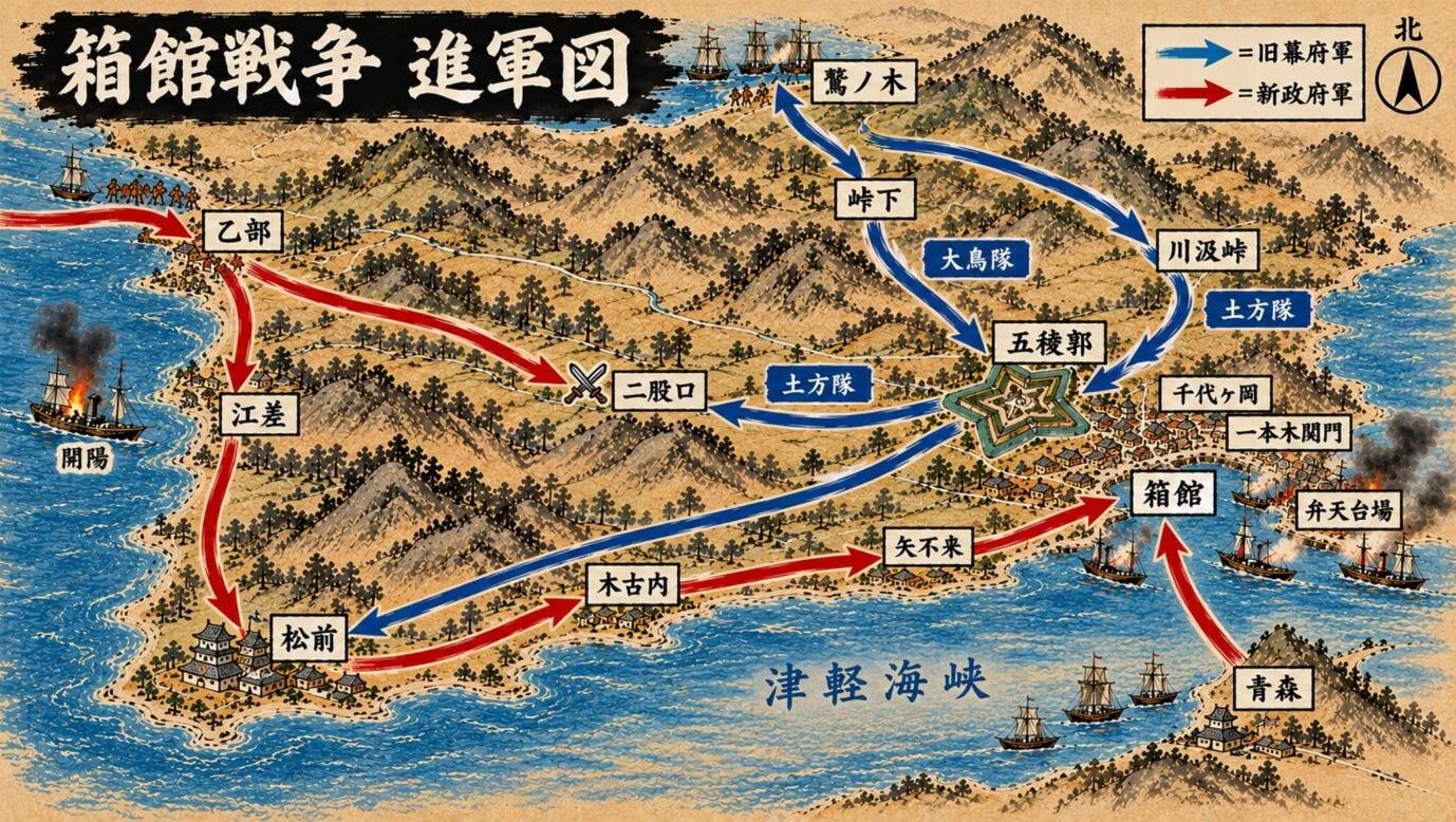 箱館戦争の進軍図。鷲ノ木上陸から五稜郭入城、松前攻略、新政府軍の乙部上陸と二股口・木古内・矢不来を経た箱館総攻撃まで