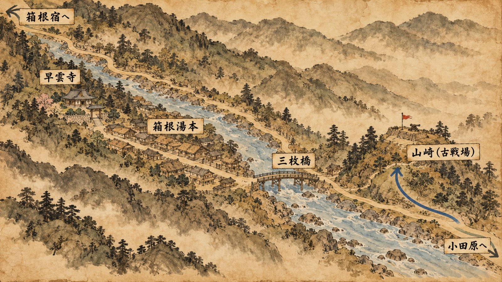 箱根湯本の三枚橋と山崎の位置図