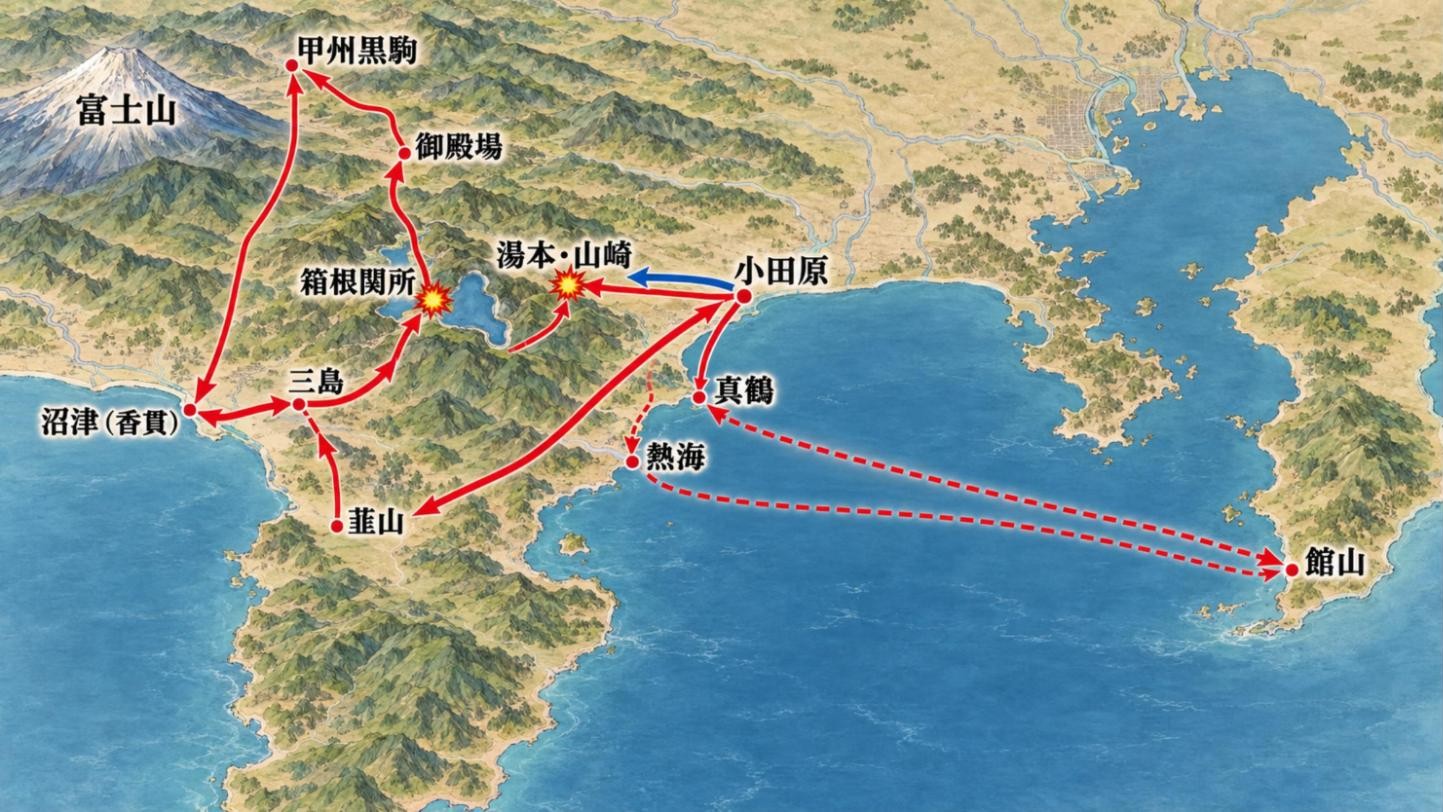 箱根戦争の進軍図。房総から真鶴に渡った遊撃隊は、伊豆・沼津を経て箱根へ向かい、敗れて熱海から船で退いた