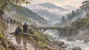 雨上がりの箱根湯本の街道と早川の橋に陣を構える遊撃隊