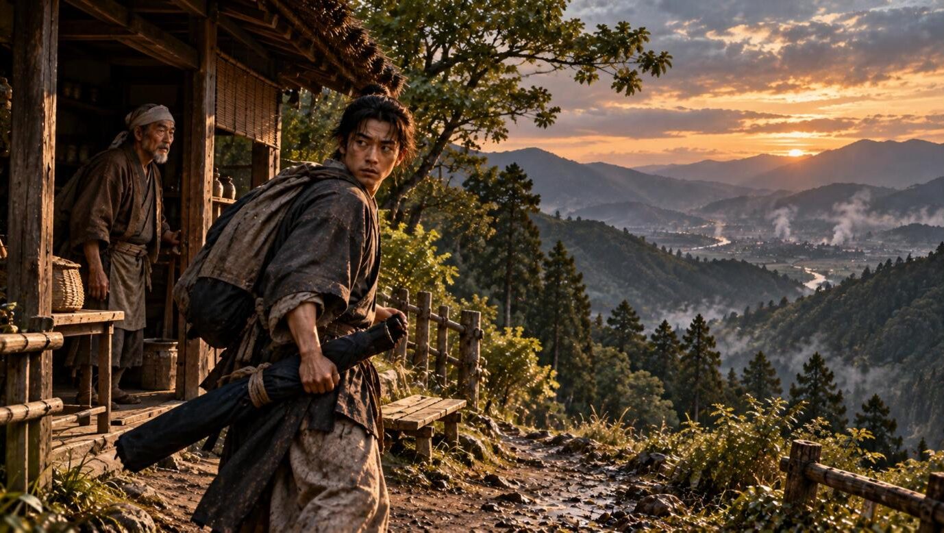 顔振峠の茶屋の前で、農民の姿に着替えて振り返る若い武士(イラスト)