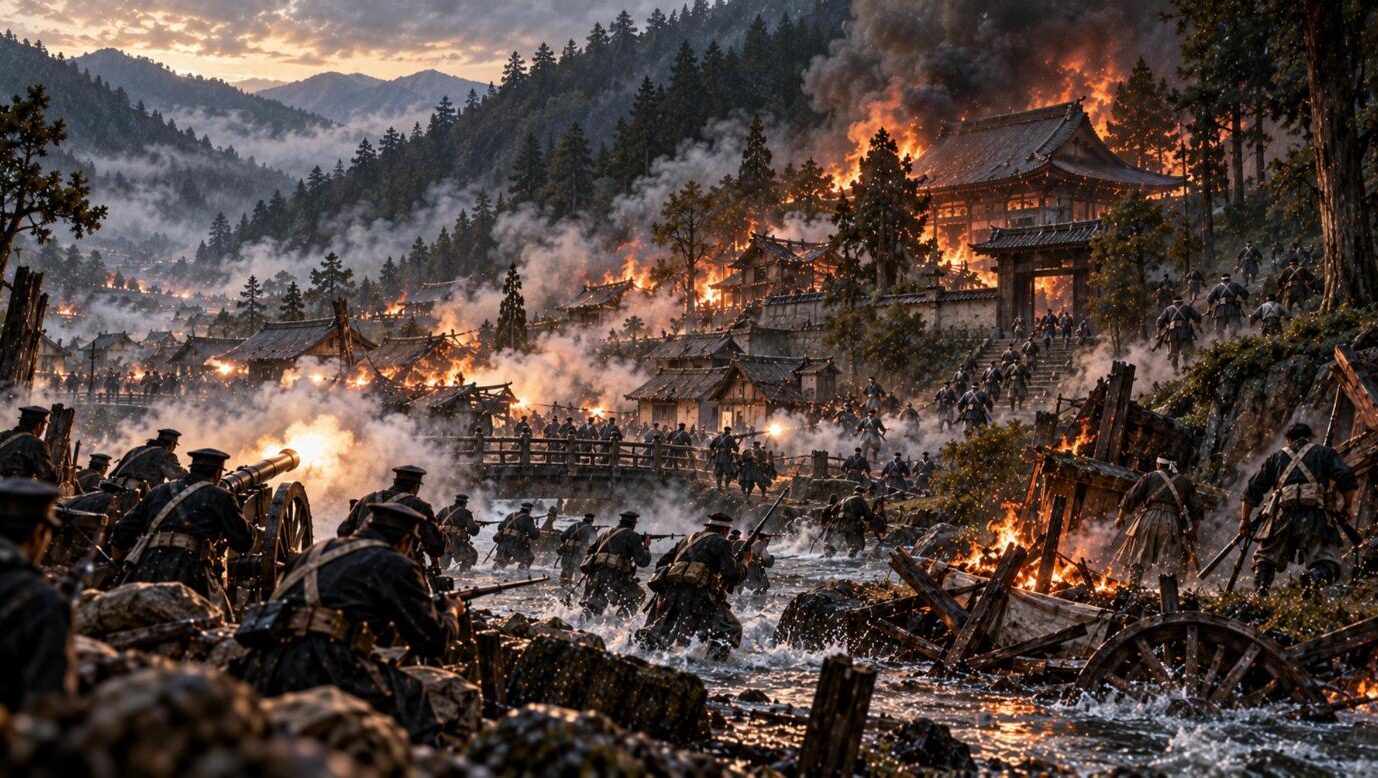 能仁寺と町が燃えるなか、川を渡って攻め込む新政府軍と山へ退く振武軍(イラスト)