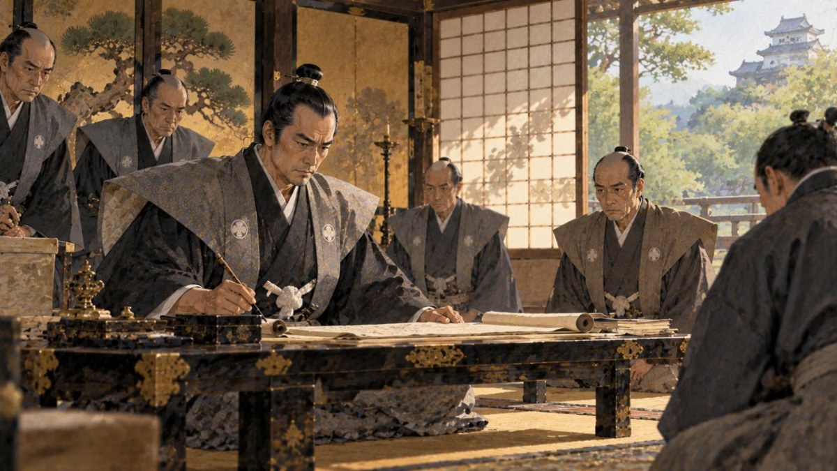 江戸城で条約の文書を前に決断する大老・井伊直弼のイラスト