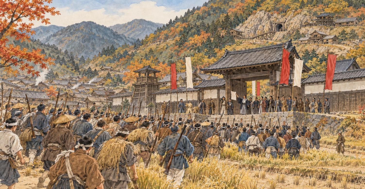 生野代官所に集まる農民たちと、布告を掲げる志士たち