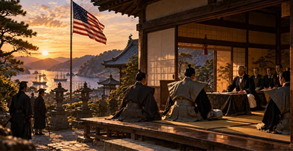 下田の寺でアメリカ総領事と向き合う下田奉行（イメージ）
