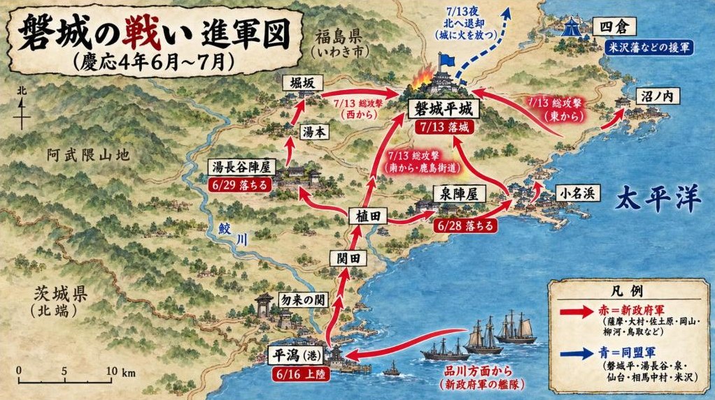 磐城の戦い 進軍図(慶応4年6月〜7月)。新政府軍は平潟に上陸し、海沿いの道と浜街道の二手で北上して磐城平城を囲んだ