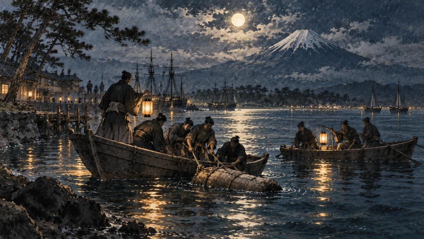 夜の清水港で、咸臨丸の乗組員の遺体を引き上げる清水次郎長と子分たち（イラスト）