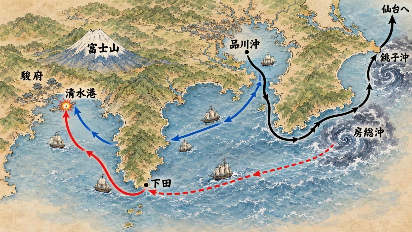 咸臨丸事件の航路図。品川沖から房総沖の嵐、下田、清水港へ