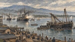 清水港で白旗をかかげる咸臨丸に、新政府軍の軍艦と兵が迫る（イラスト）