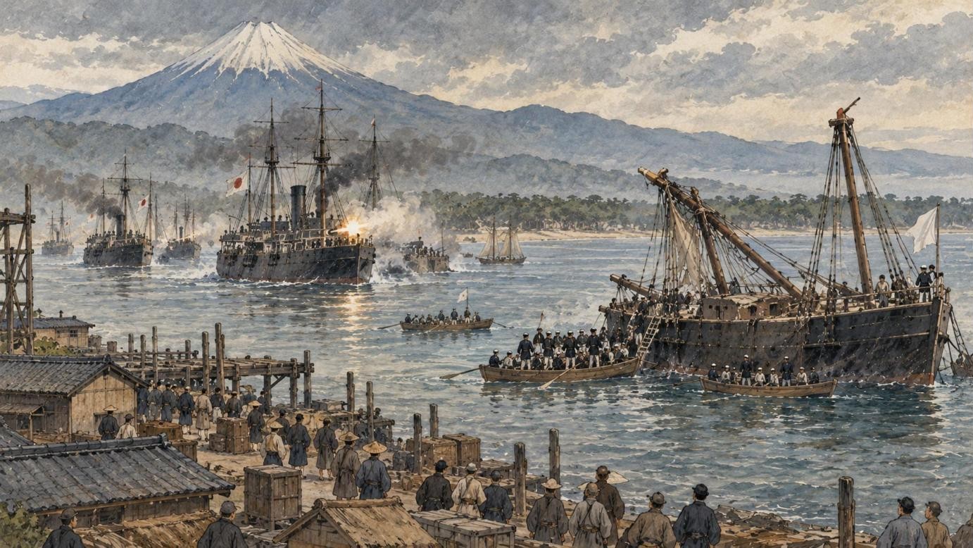 清水港で白旗をかかげる咸臨丸に、新政府軍の軍艦と兵が迫る（イラスト）