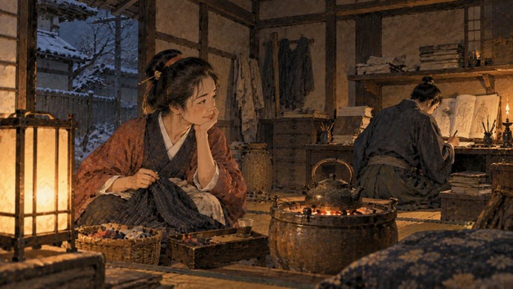 貧しい暮らしの中で蘭学に打ち込む夫を見守る勝海舟の妻・民子のイラスト
