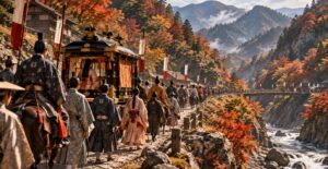紅葉の木曽路を進む和宮の降嫁の行列（イメージ）