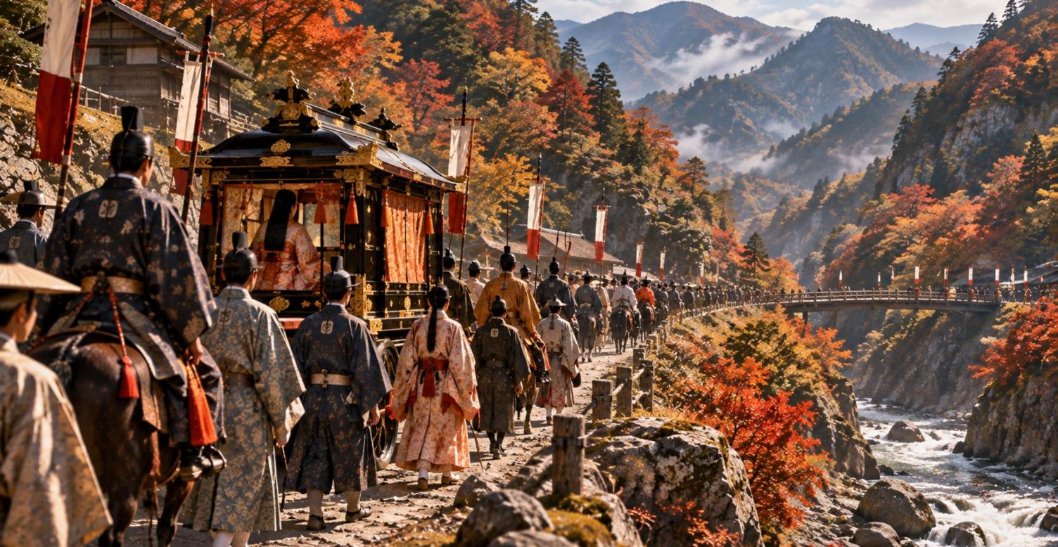 紅葉の木曽路を進む和宮の降嫁の行列（イメージ）