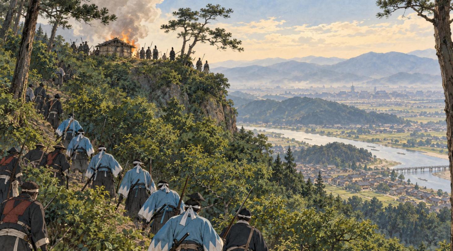 天王山へ攻め上る新選組と会津藩兵と、山上で火を放つ真木和泉ら