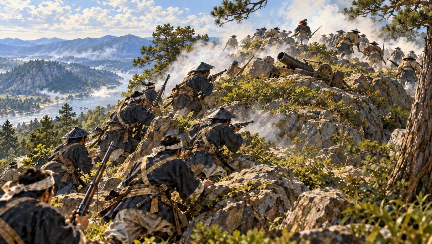 腹巻岩を駆け上がって奪い返す庄内藩兵と退く新政府軍