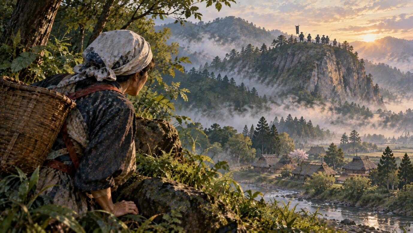 山菜採りの女性が岩山の上の見慣れない兵士たちに気づく