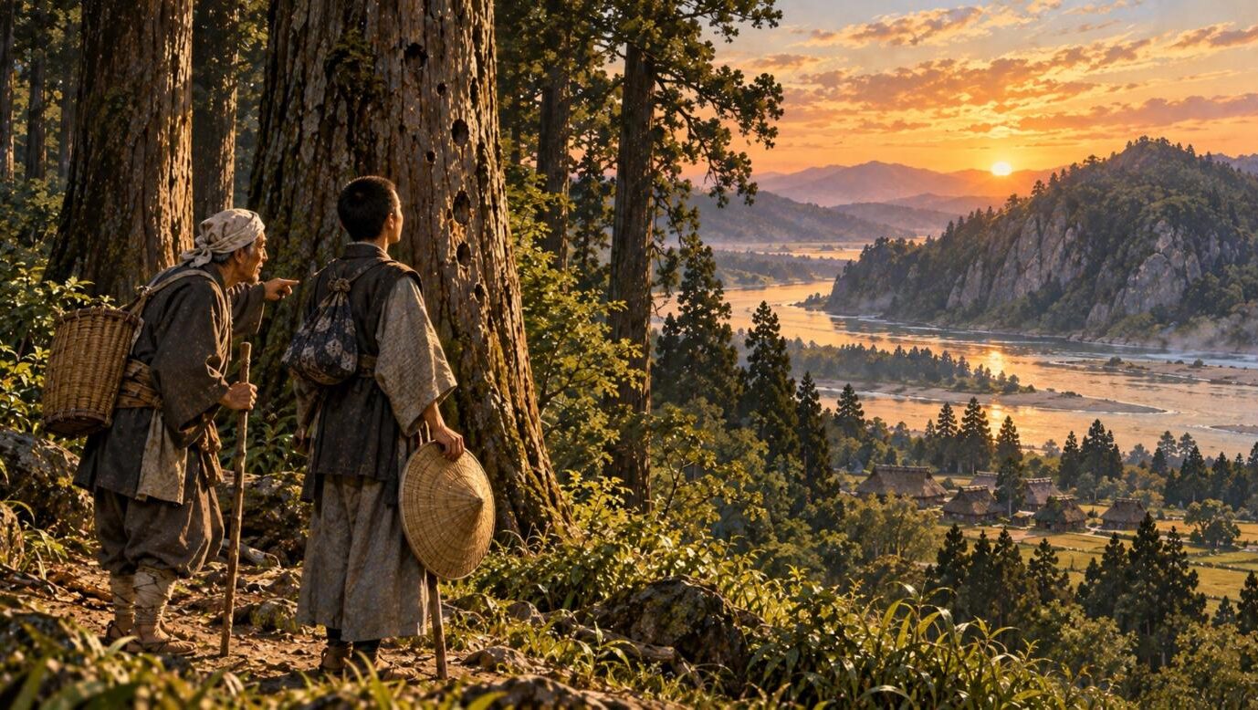 弾の跡が残る杉の大木を見上げる旅姿の俳人と村の老人