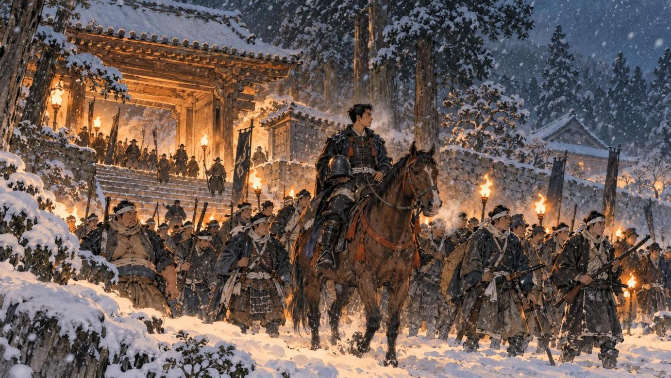 雪の夜、功山寺から出陣する高杉晋作と力士隊・遊撃隊（イラスト）