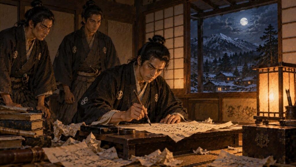 行灯の下で討薩檄を書く雲井龍雄のイメージイラスト