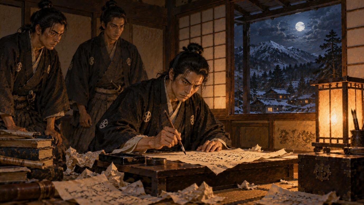 行灯の下で討薩檄を書く雲井龍雄のイメージイラスト