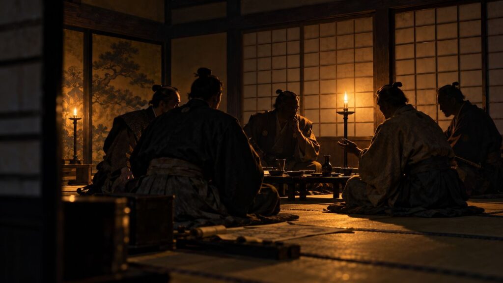 夜の座敷で燭台を囲んで話し込む幕末の武士たち（イメージイラスト）