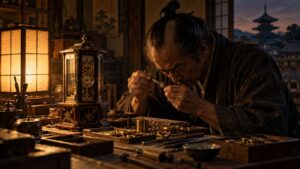 行灯のあかりの下で六角柱の和時計に向かう江戸時代の職人（イメージイラスト）