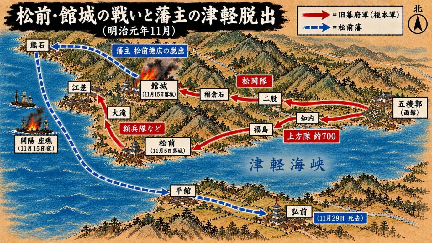 松前・館城の戦いの進軍図。五稜郭から知内・福島を経て松前へ向かう土方隊、二股・稲倉石を経て館城へ向かう松岡隊、松前から大滝・江差へ進む額兵隊、熊石から津軽海峡を渡り平館・弘前へ逃れた藩主の脱出路