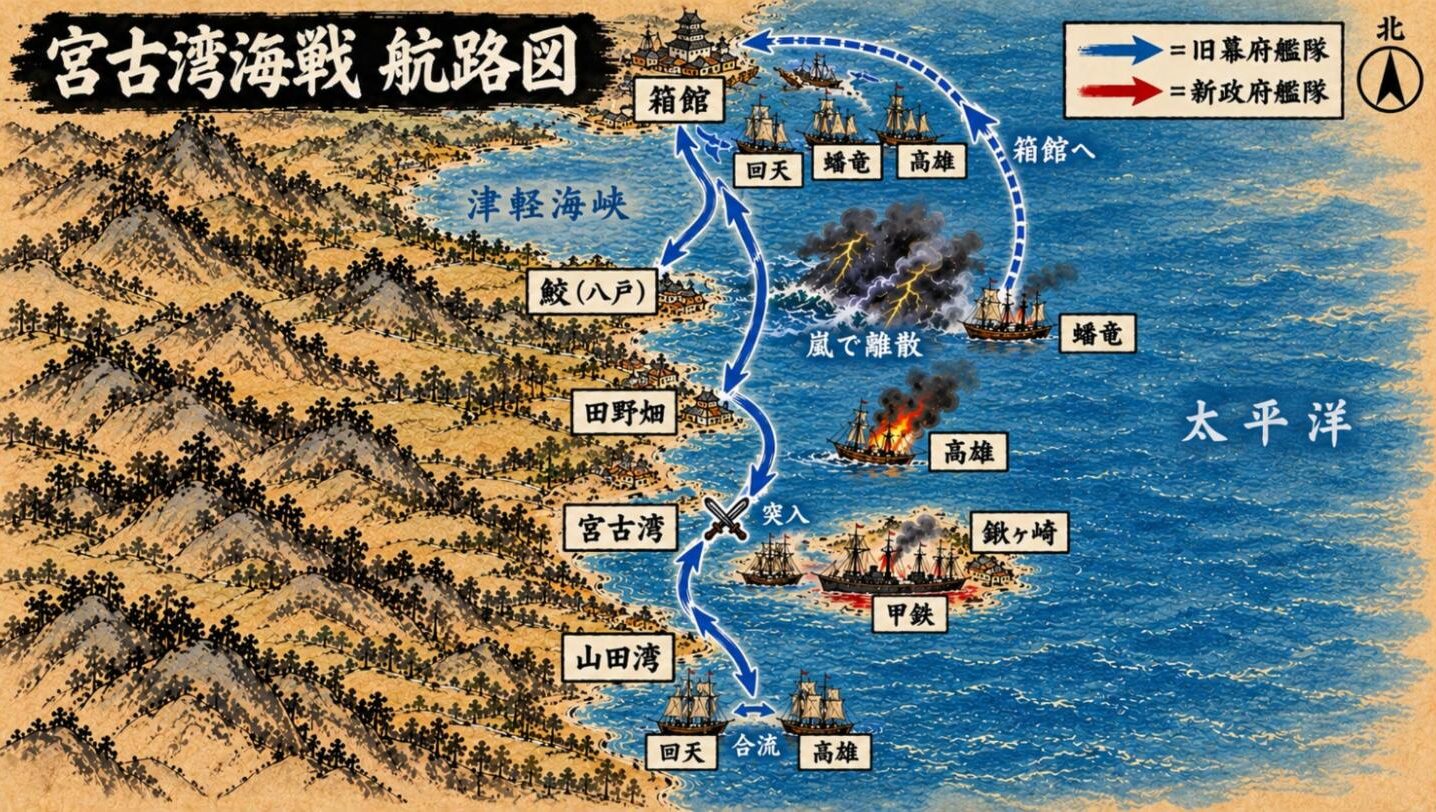 宮古湾海戦の航路図。箱館を出た回天・蟠竜・高雄が鮫(八戸)で嵐にあい離散、回天と高雄が山田湾で合流し、回天が宮古湾に突入した経路