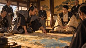 江戸城の大広間で、地図を指さして若い将軍に作戦を説く幕臣のイラスト
