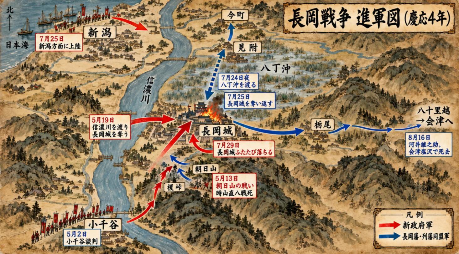 長岡戦争の進軍図